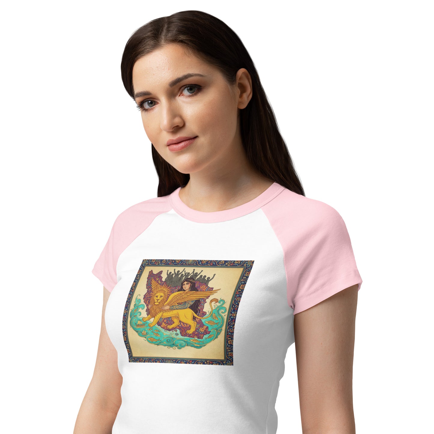 Woman wearing a white and pink baseball shirt with a graphic design on a white background