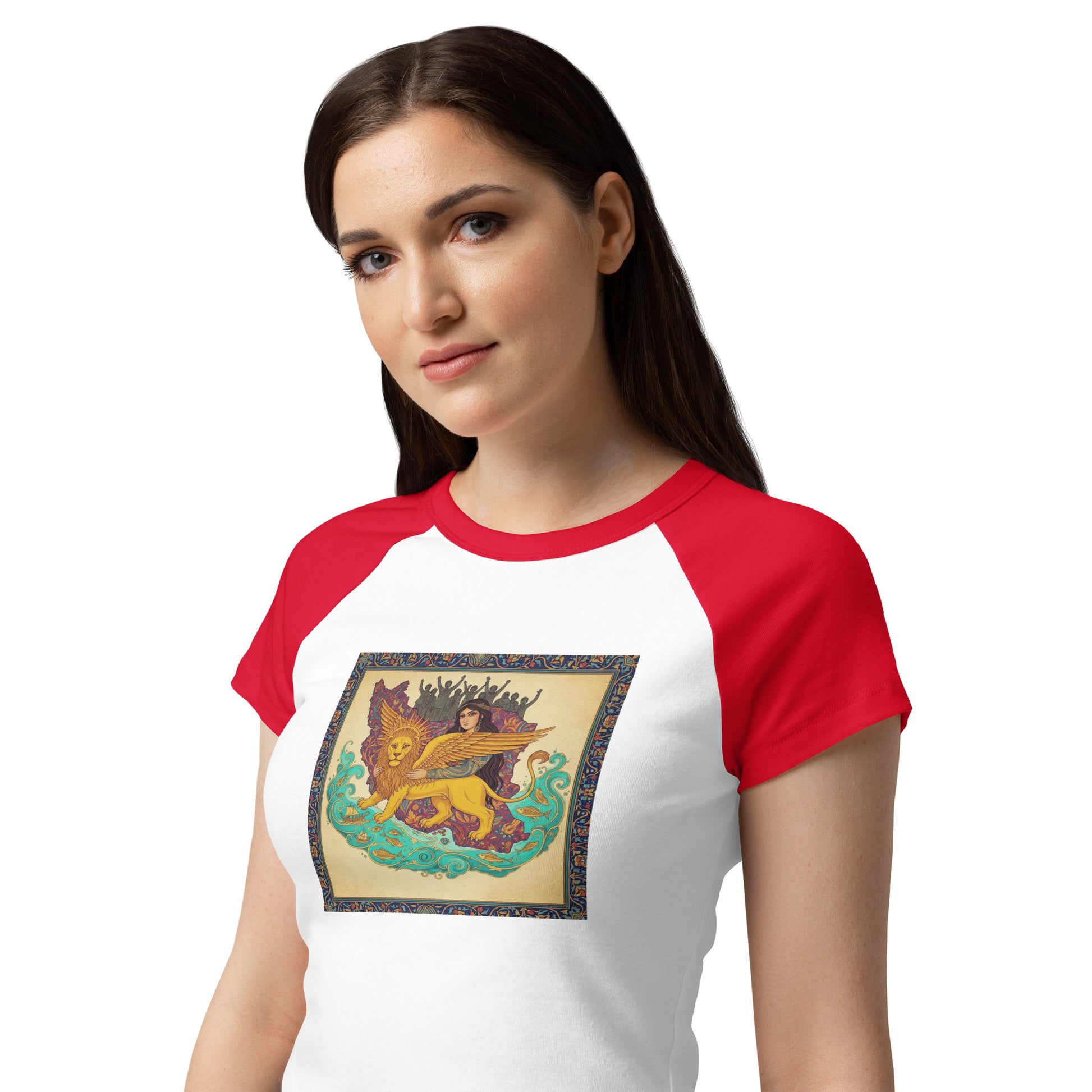 Woman wearing a white and red baseball shirt with a graphic design on a white background