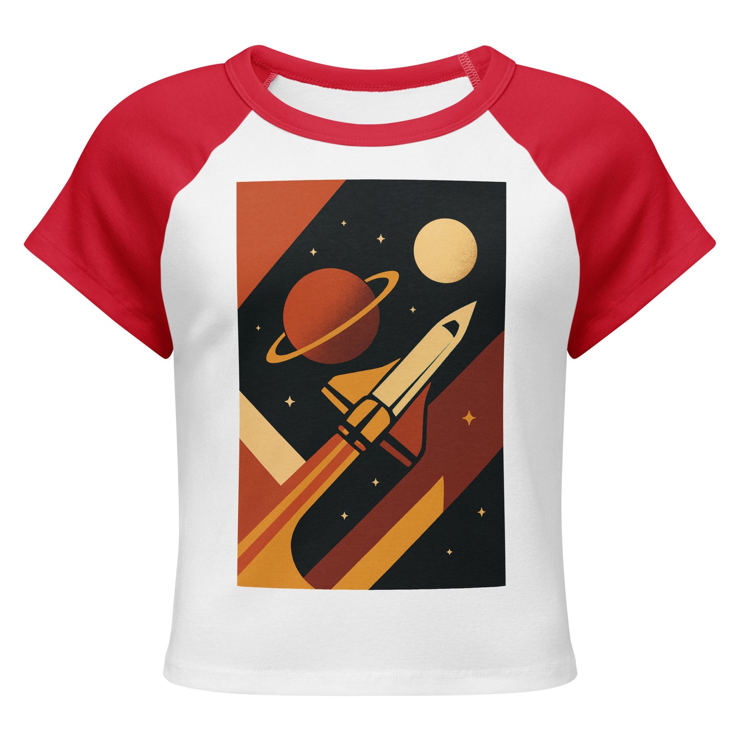 T-shirt with space-themed design featuring a rocket and planets on a white background