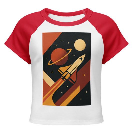 T-shirt with space-themed design featuring a rocket and planets on a white background