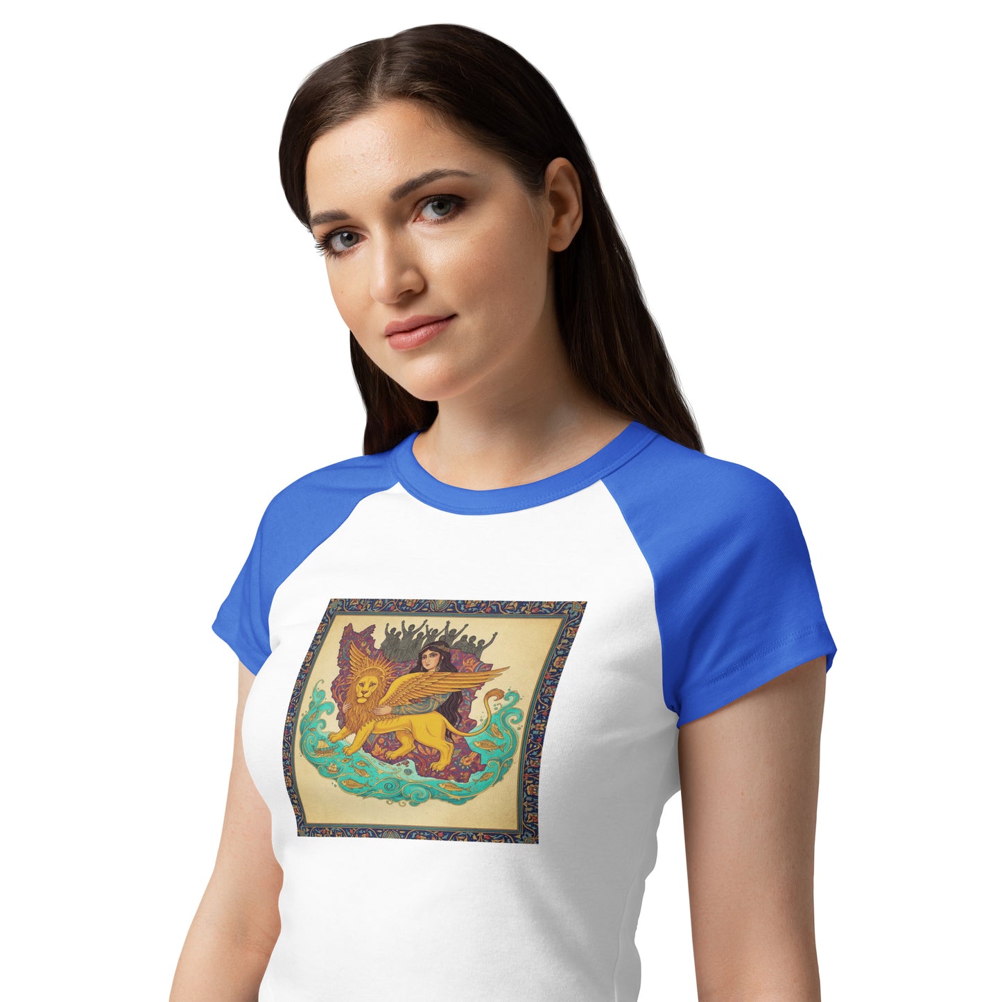 Woman wearing a white and blue t-shirt with a graphic design on a white background