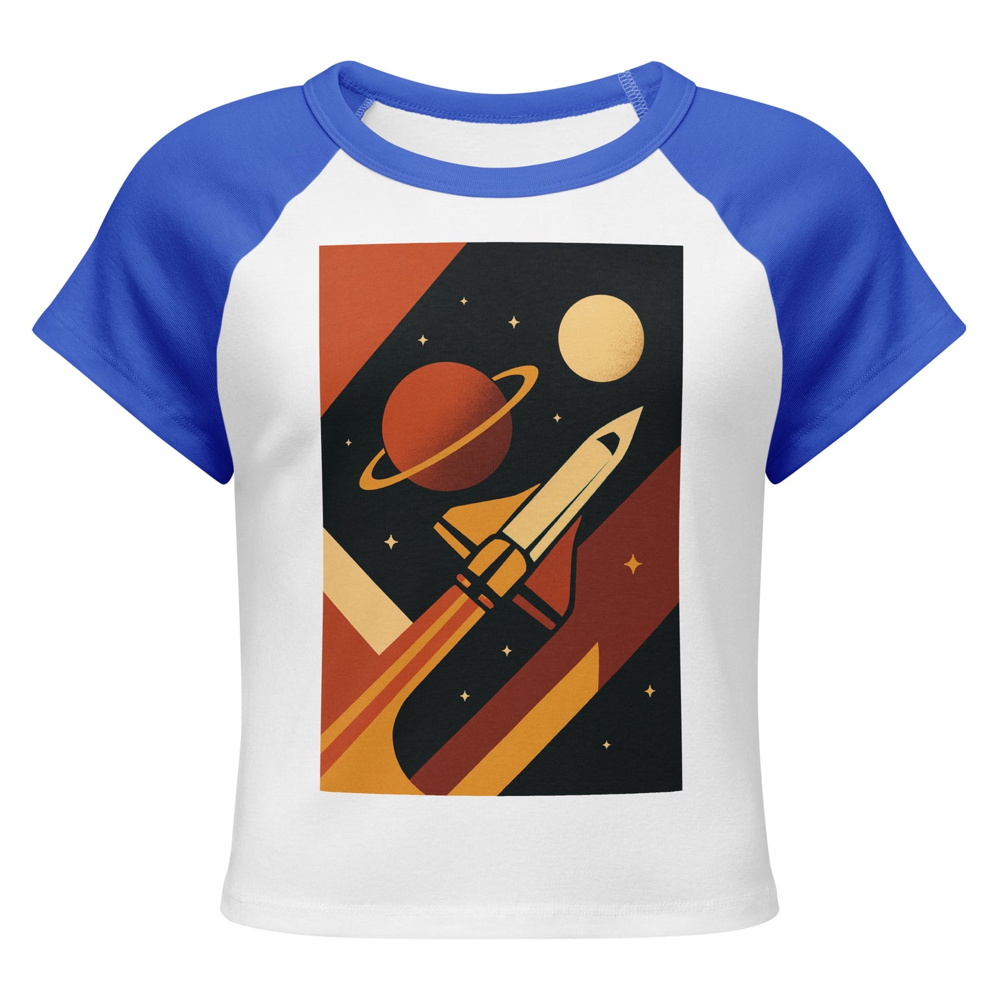 T-shirt with space-themed design featuring a rocket and planets on a white and blue raglan shirt.