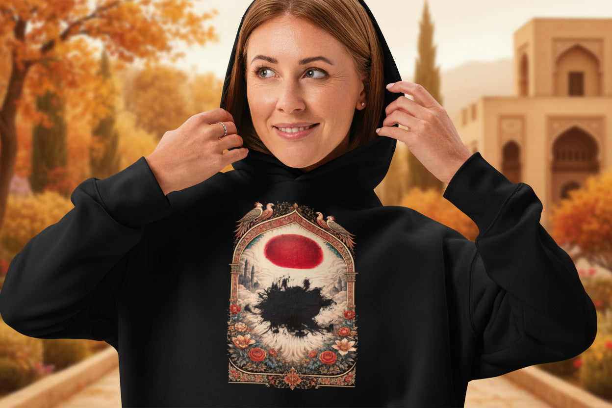 Person wearing a black hoodie with a unique design on a white background