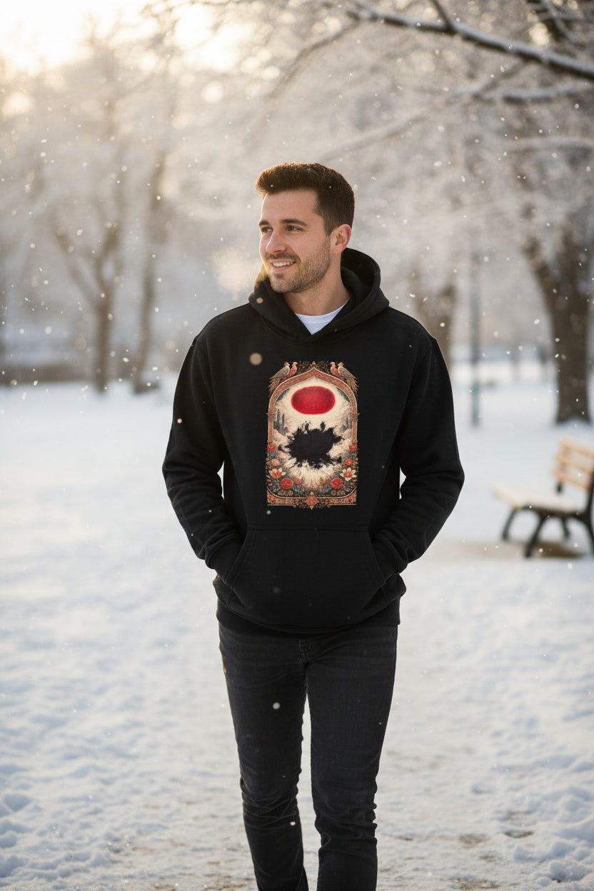 Black hoodie with a gold symbol on a white background