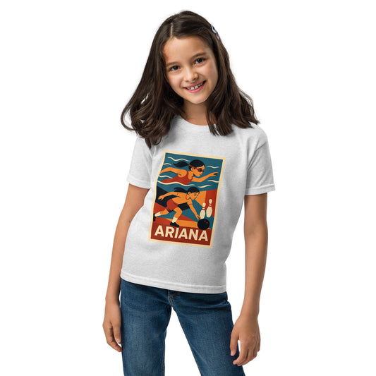Young girl wearing a white t-shirt with a graphic design and name 'Ariana'.