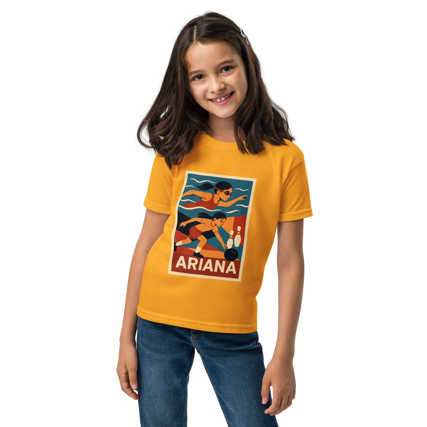 Girl wearing a yellow t-shirt with a graphic design and name 'Ariana' on a white background
