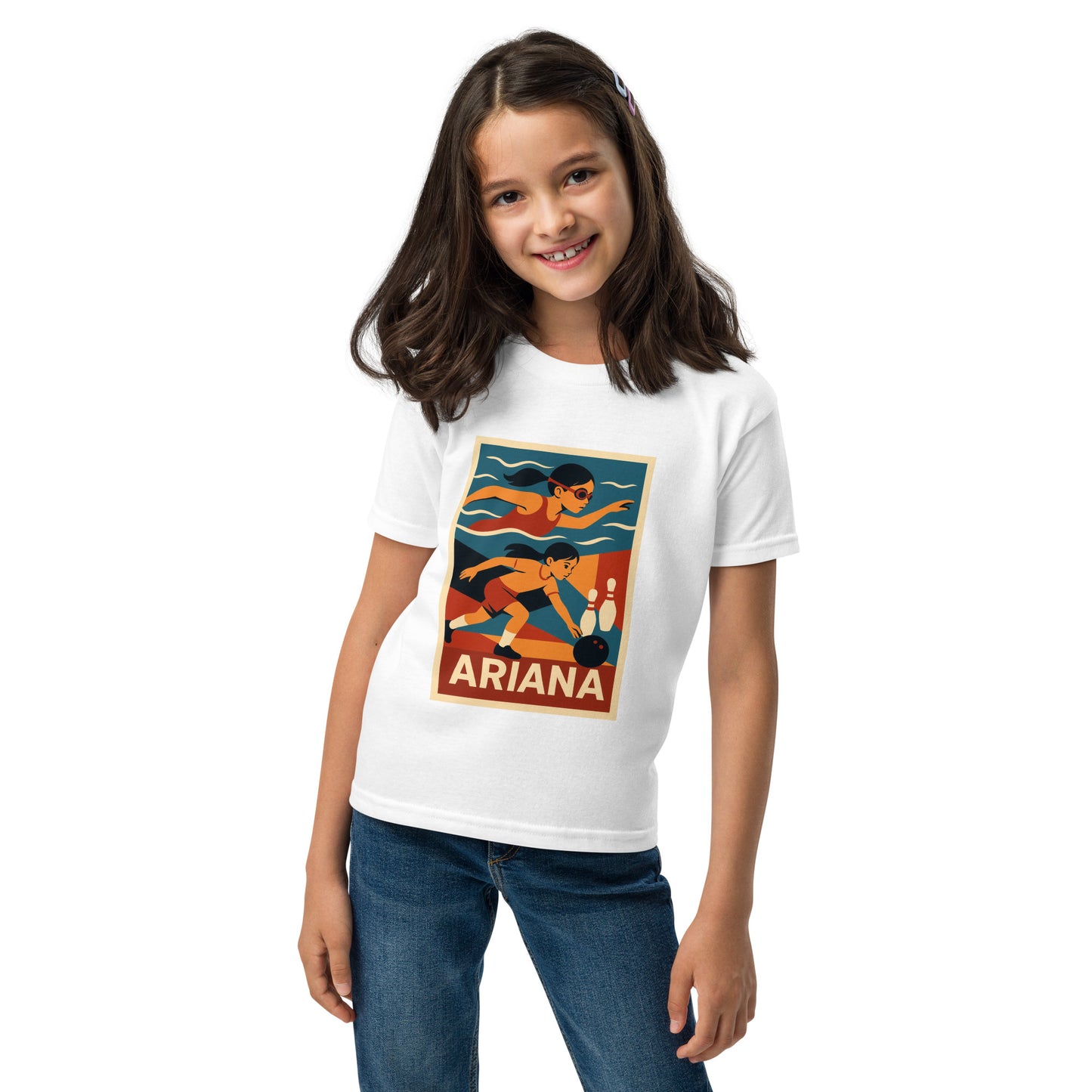 Young girl wearing a white t-shirt with a graphic design and text 'ARIANA' on a white background