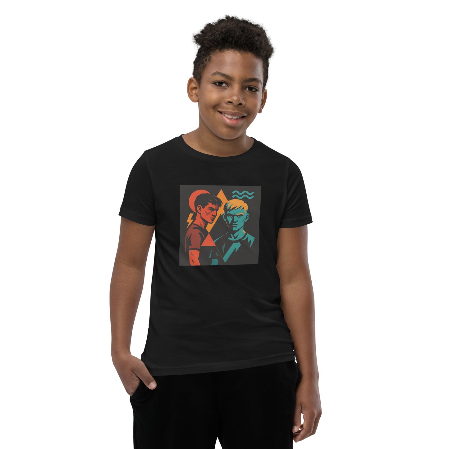 Child wearing a black t-shirt with a colorful graphic design on a white background