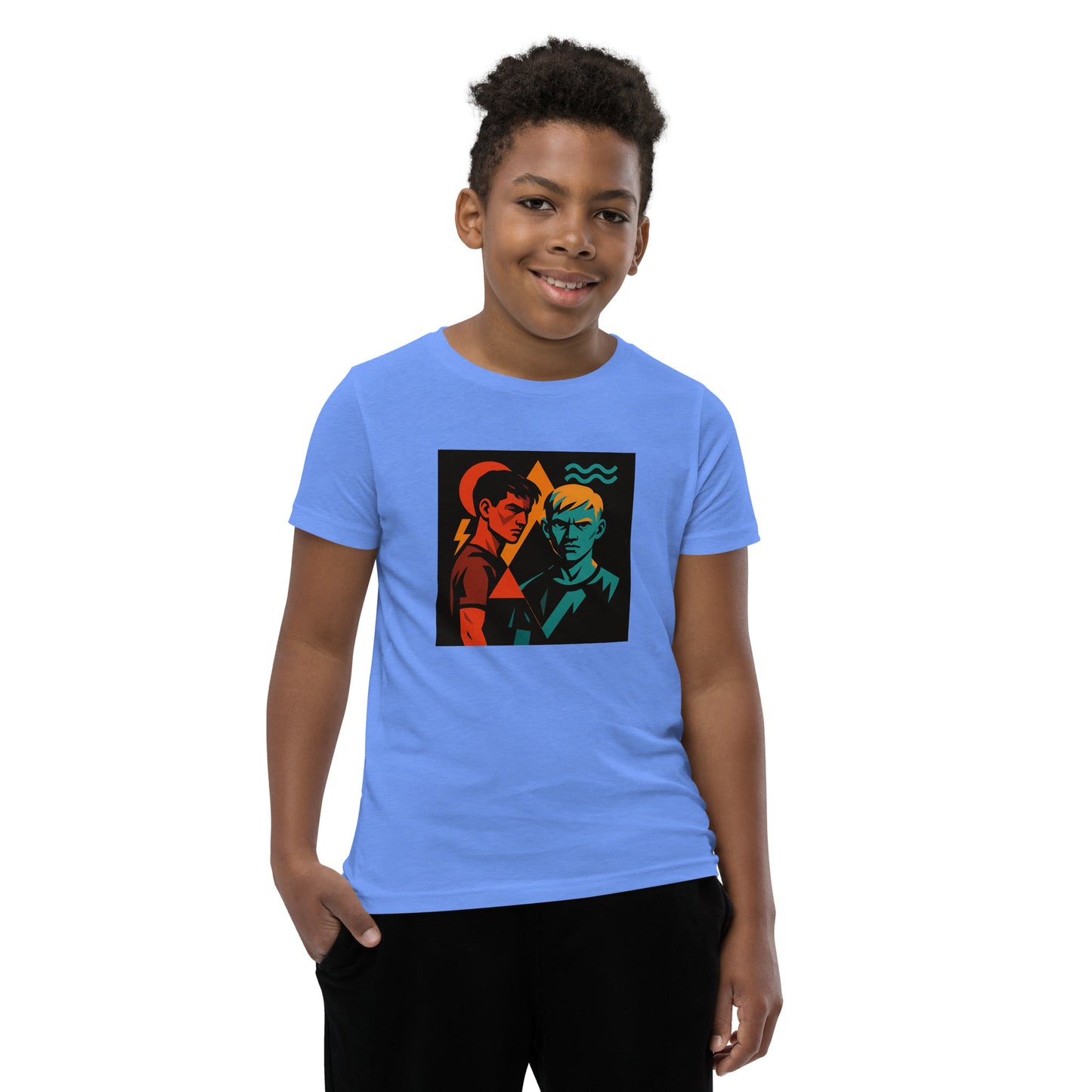 Child wearing a blue t-shirt with a colorful graphic design on a white background