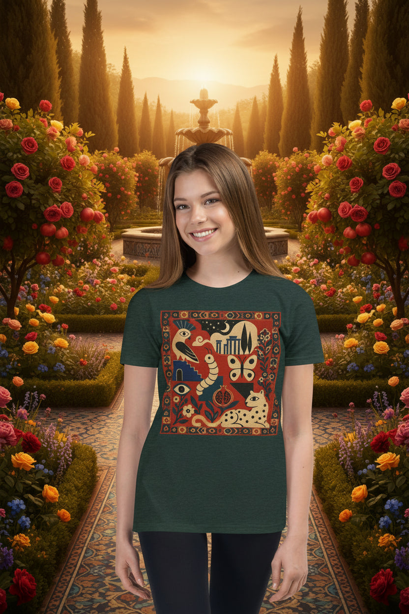 A young woman modeling a dark green heather crewneck t-shirt with a large, colorful, vintage-style illustration on the chest featuring birds, butterflies, and a crescent moon.