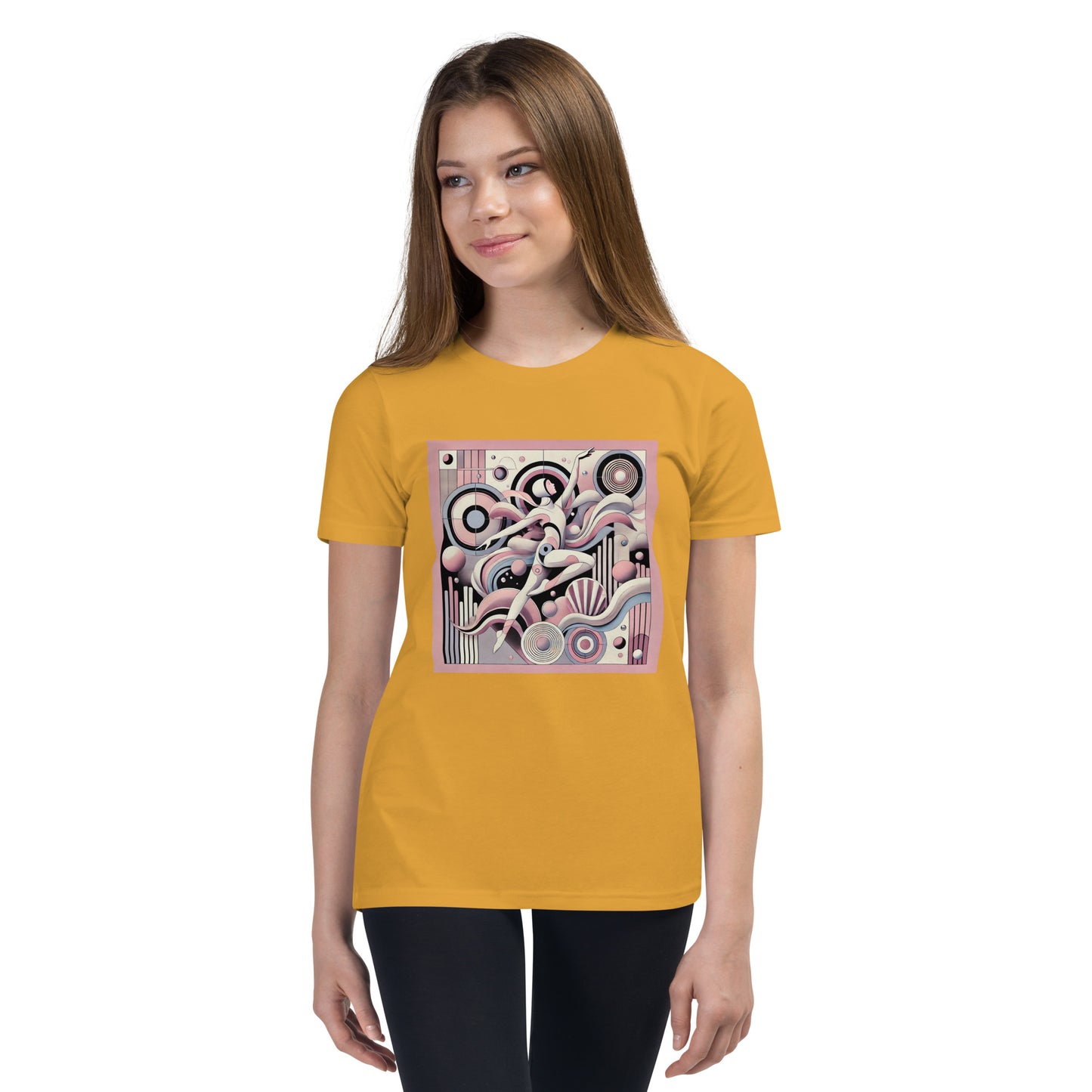 Person wearing a mustard yellow t-shirt with a colorful abstract design on a white background