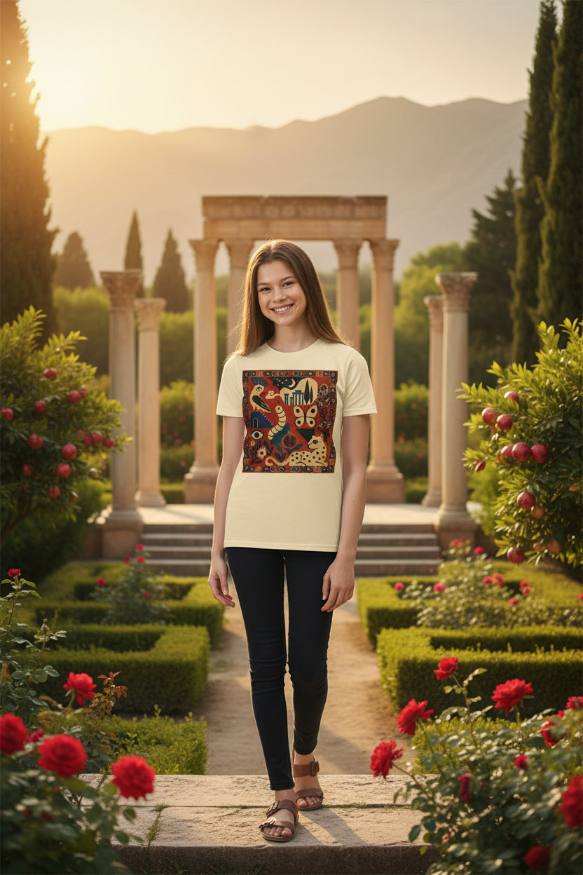 A young woman modeling a cream-colored t-shirt with a large, colorful, ornate graphic print on the front featuring stylized animals and patterns, set against a plain white background.