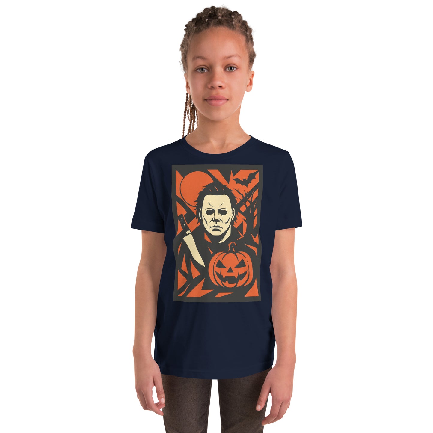 HALLOWEEN Child wearing a navy blue t-shirt with a graphic design of a character and pumpkin.