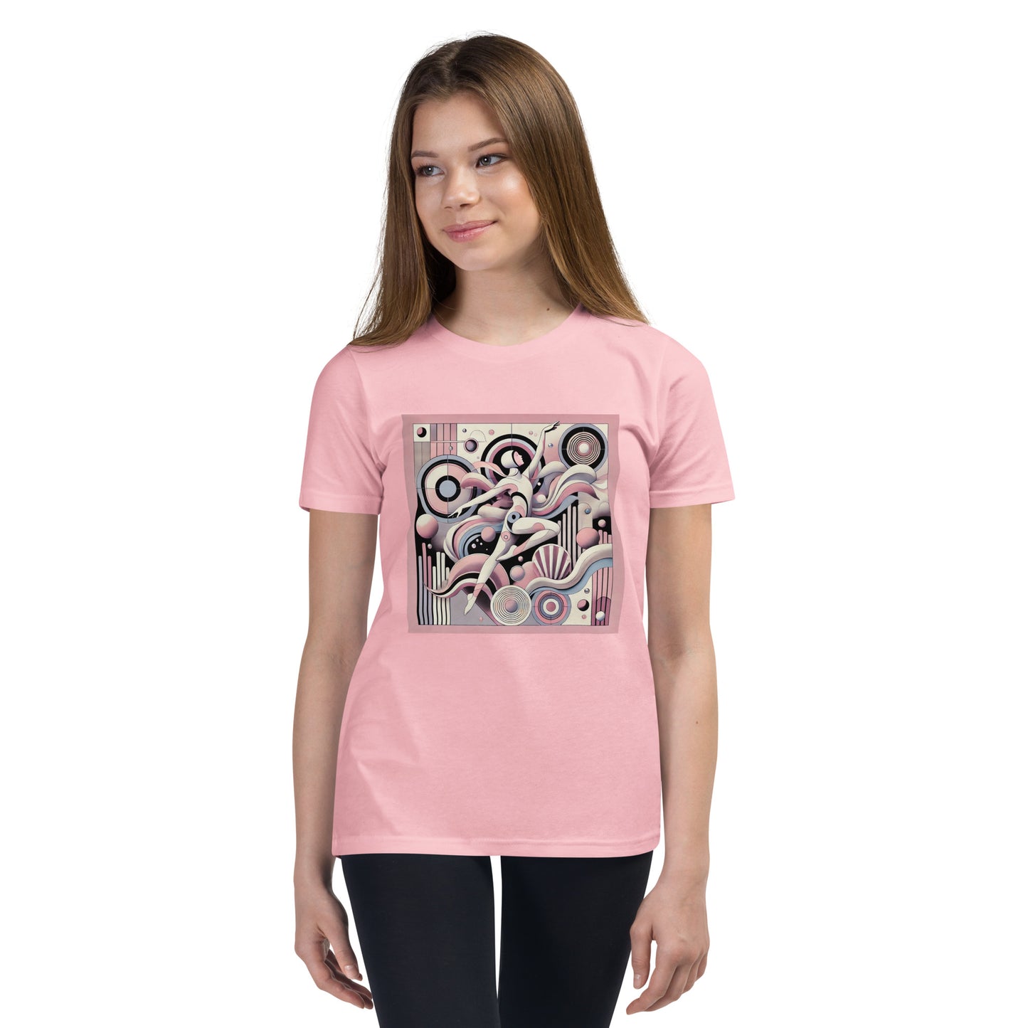 Girl wearing a pink t-shirt with a graphic design on a white background