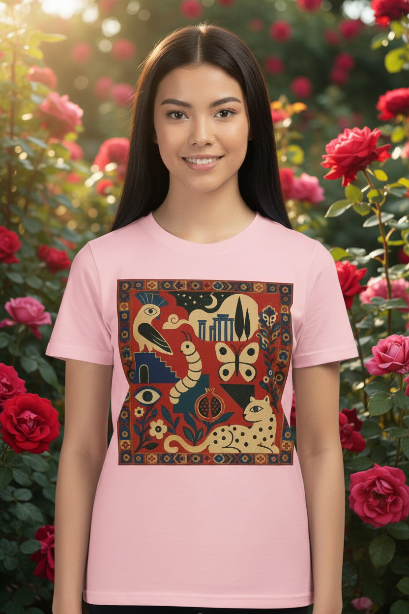 A young woman modeling a light pink short-sleeve t-shirt with a large, colorful, folk-art style graphic print on the front featuring stylized animals and patterns.