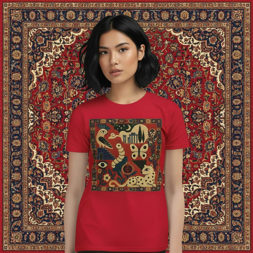 A young woman modeling a red short-sleeve crewneck t-shirt with a large, colorful, ancient-style graphic print on the front featuring birds, a snake, butterflies, and a cat.