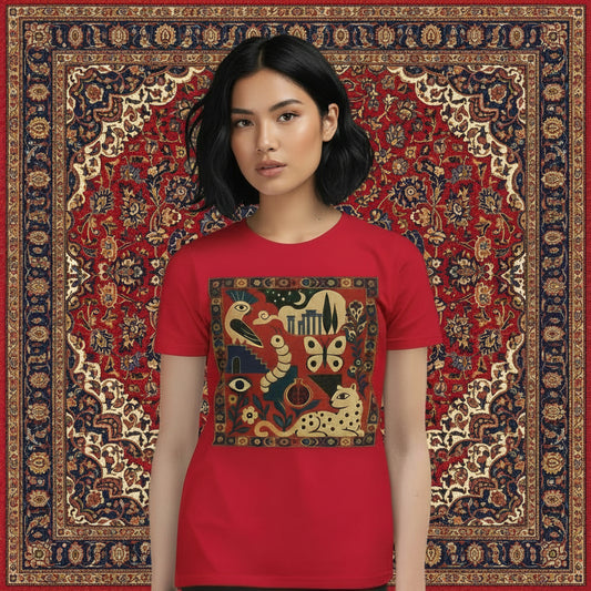 A young woman modeling a red short-sleeve crewneck t-shirt with a large, colorful, ancient-style graphic print on the front featuring birds, a snake, butterflies, and a cat.