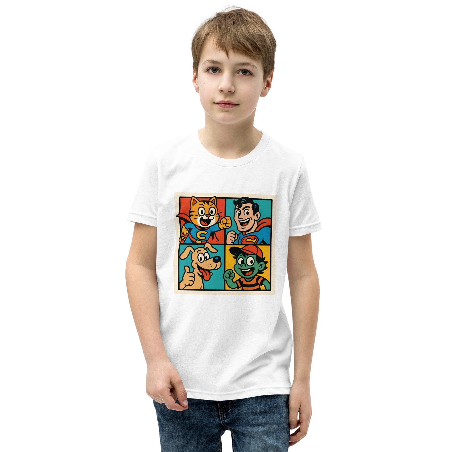 Child wearing a white t-shirt with colorful graphic design on a white background