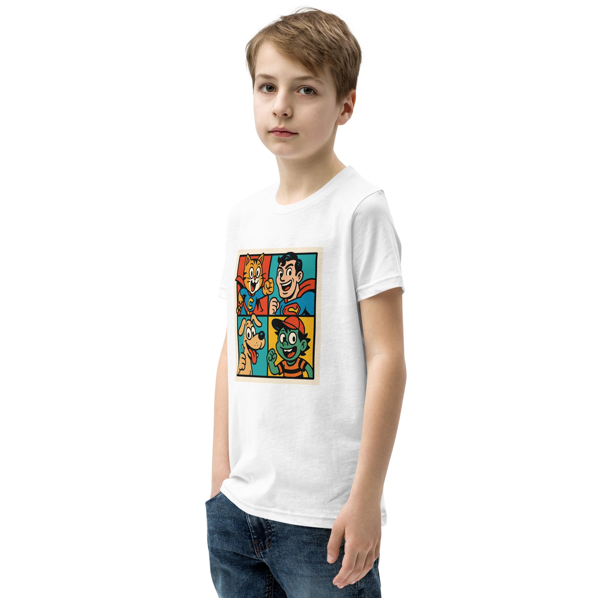 Child wearing a white t-shirt with colorful graphic design on a white background