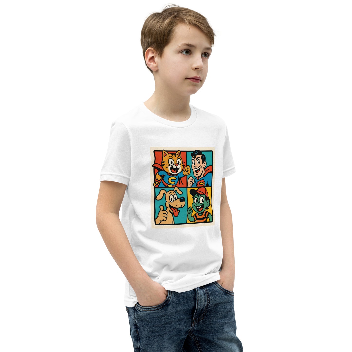 Child wearing a white t-shirt with colorful graphic design on a white background